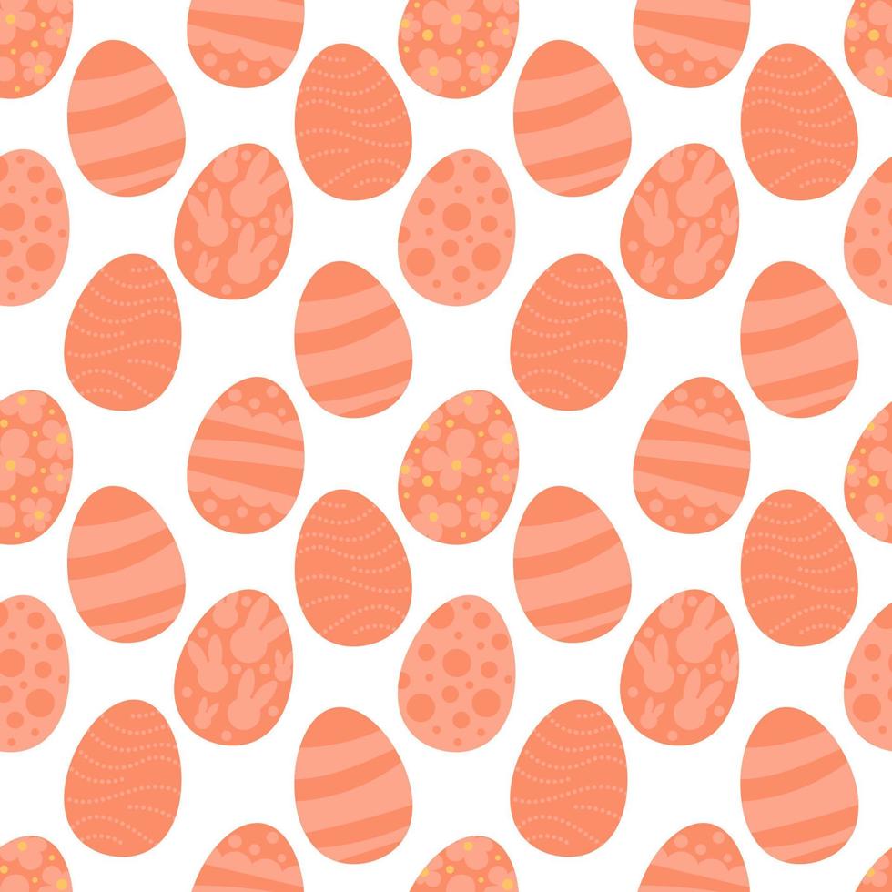 Vector seamless pattern. Background with many Rabbits, eggs, flowers, leaves scattered. Festive Easter Day surface pattern design. Spring season. For printing on fabric and paper, cards, social media