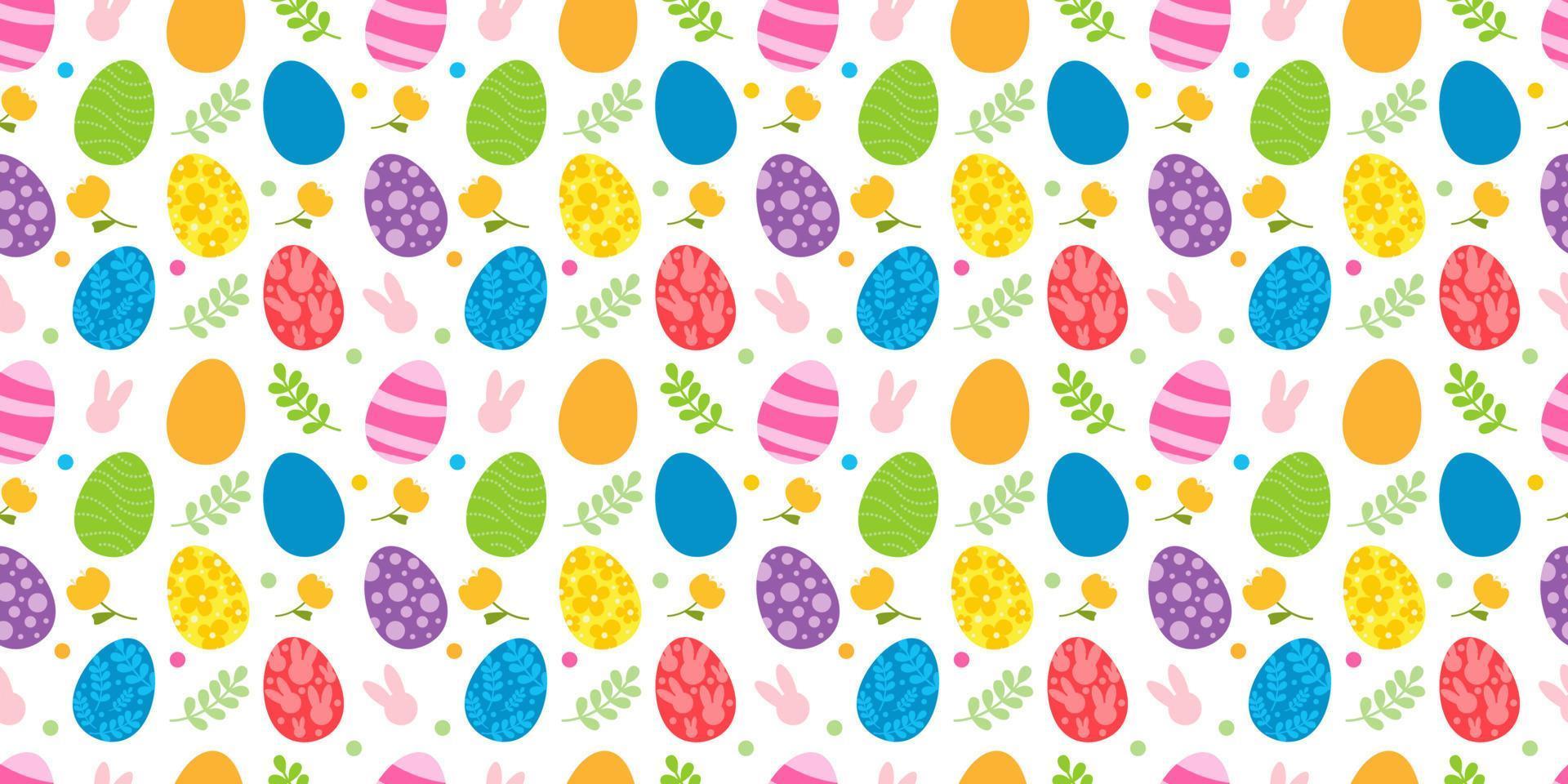 Vector seamless pattern. Background with many Rabbits, eggs, flowers, leaves scattered. Festive Easter Day surface pattern design. Spring season. For printing on fabric and paper, cards, social media