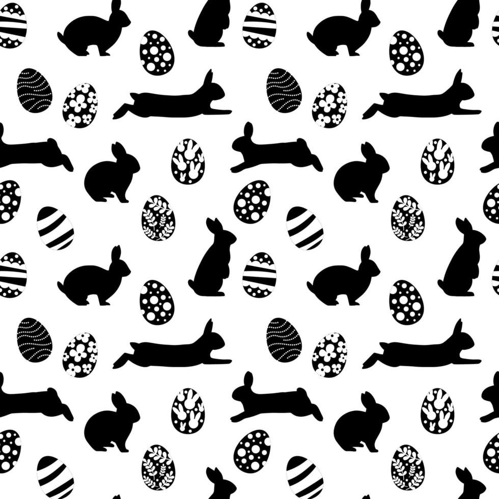 Vector seamless pattern. Background with many Rabbits, eggs, flowers, leaves scattered. Festive Easter Day surface pattern design. Spring season. For printing on fabric and paper, cards, social media