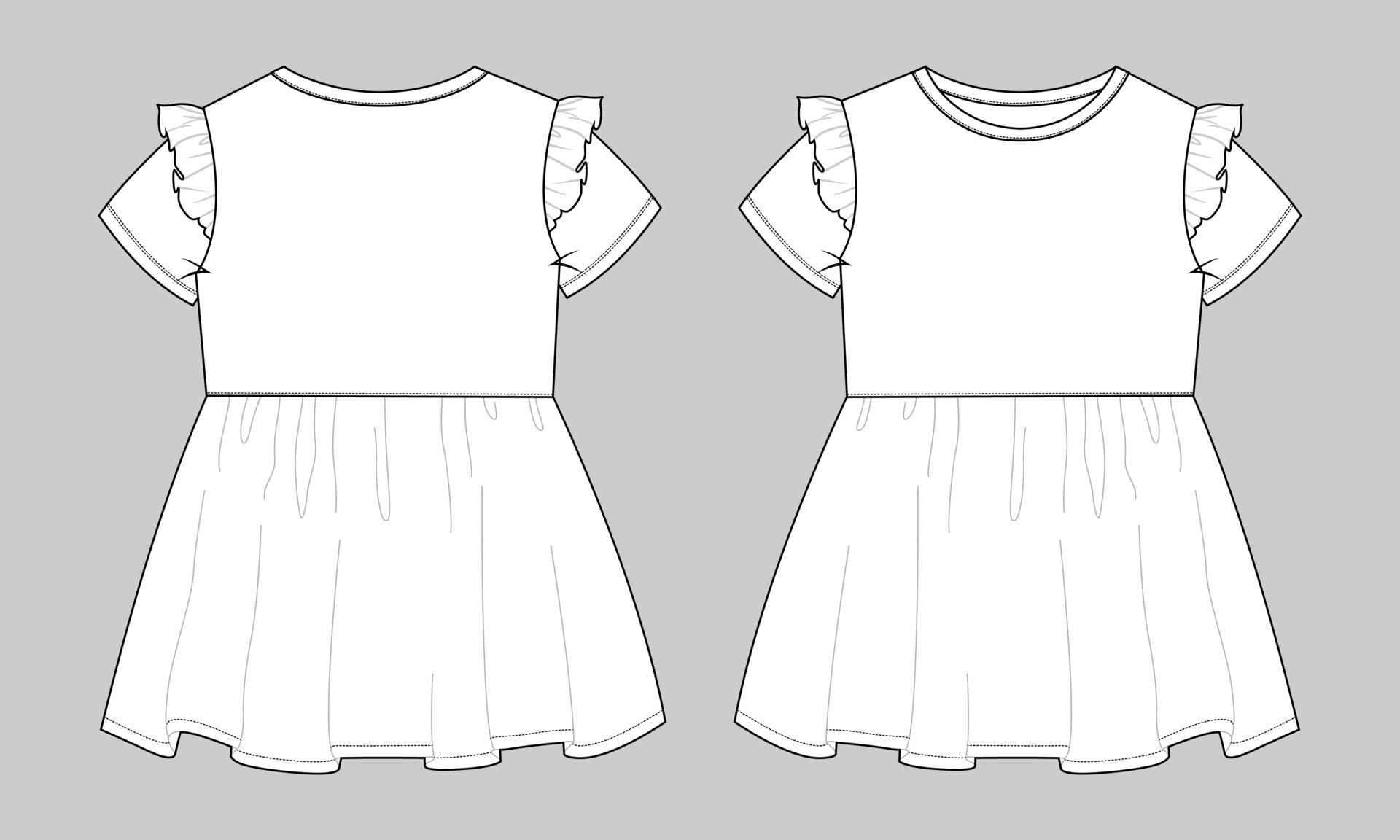 Baby Girls Dress Design Technical Flat Sketch Vector Illustration Template Apparel Clothing Mock Up Front And Back Views Isolated On Grey Background Kids Fashion Vector Art Drawing Easy Editable Vector Art