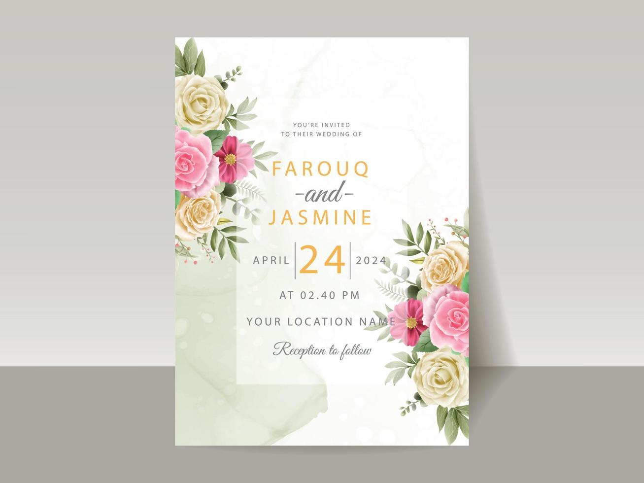 Elegant floral hand drawn wedding invitation card template vector