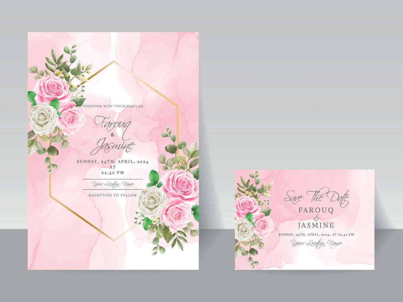 Elegant floral hand drawn wedding invitation card template vector