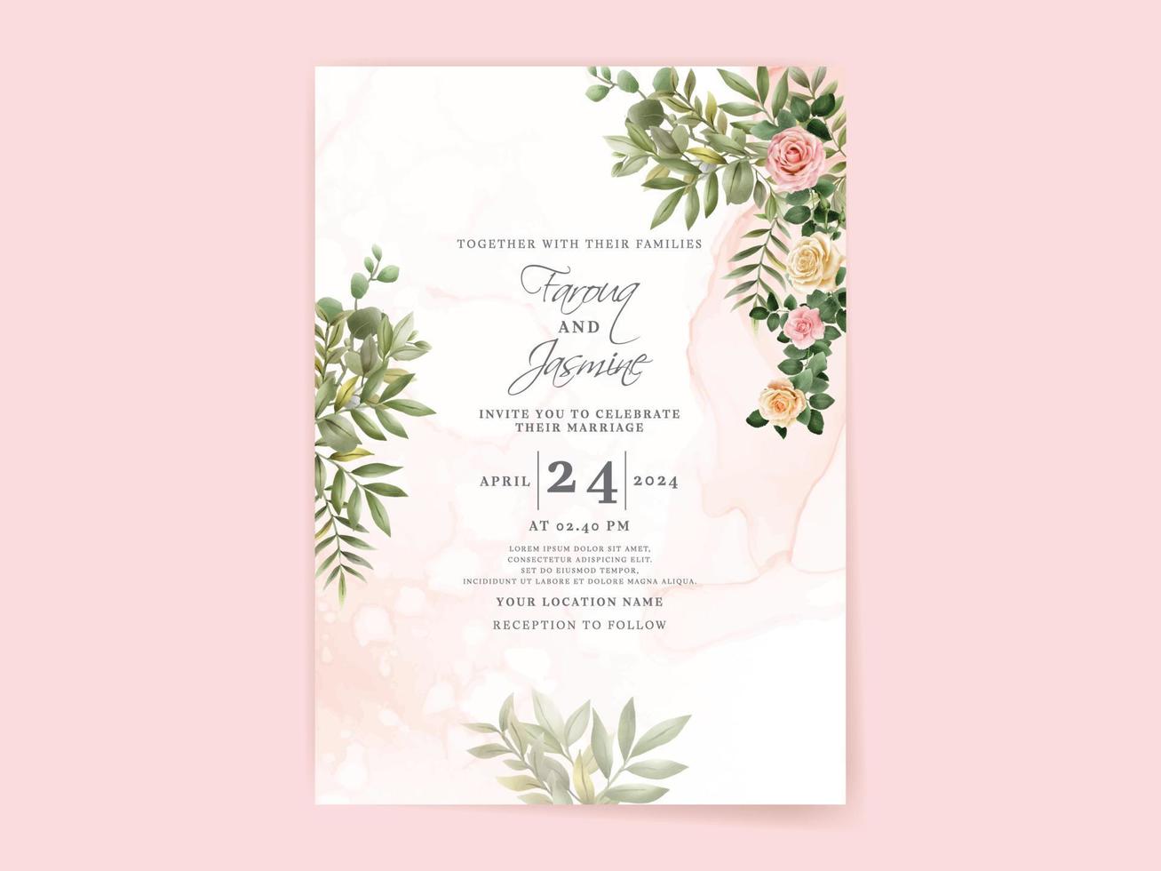 Elegant floral hand drawn wedding invitation card template vector