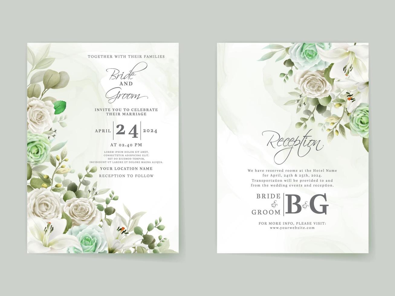 Elegant floral hand drawn wedding invitation card template vector