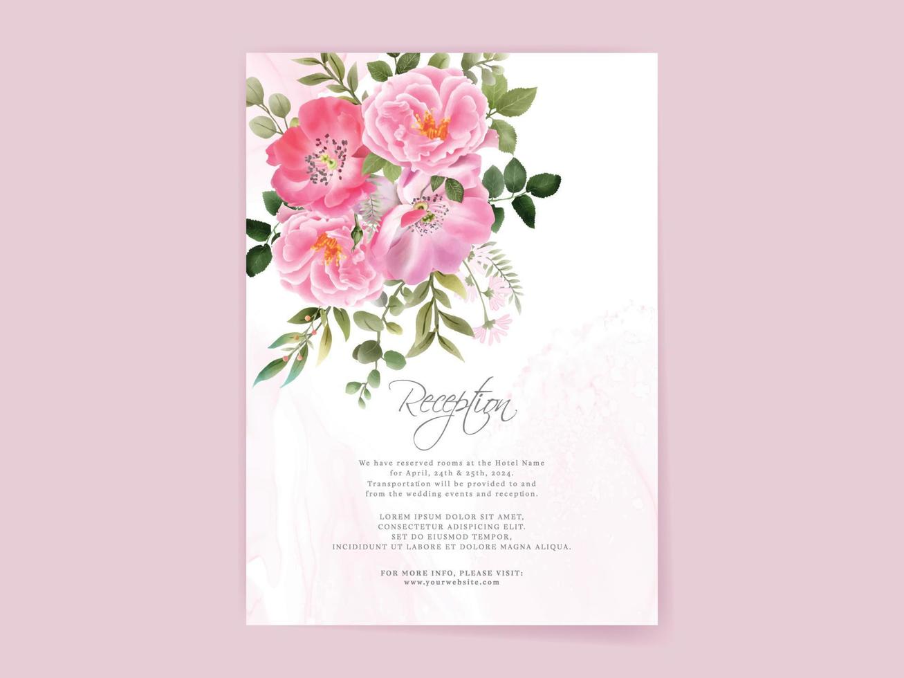 wedding invitation card set with beautiful pink flowers design vector