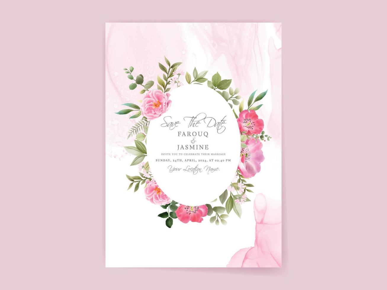 wedding invitation card set with beautiful pink flowers design vector