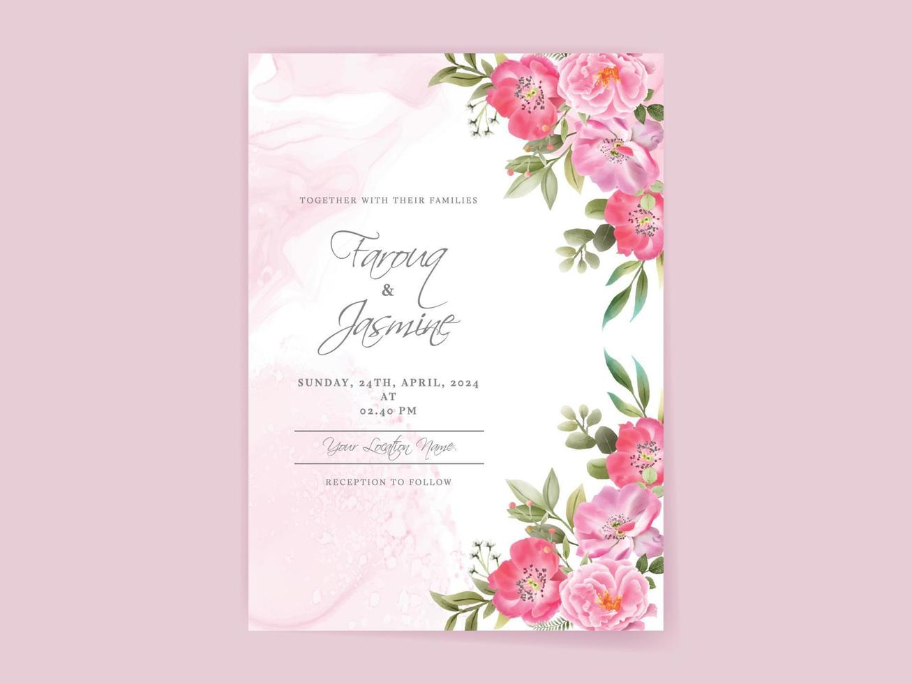 wedding invitation card set with beautiful pink flowers design vector