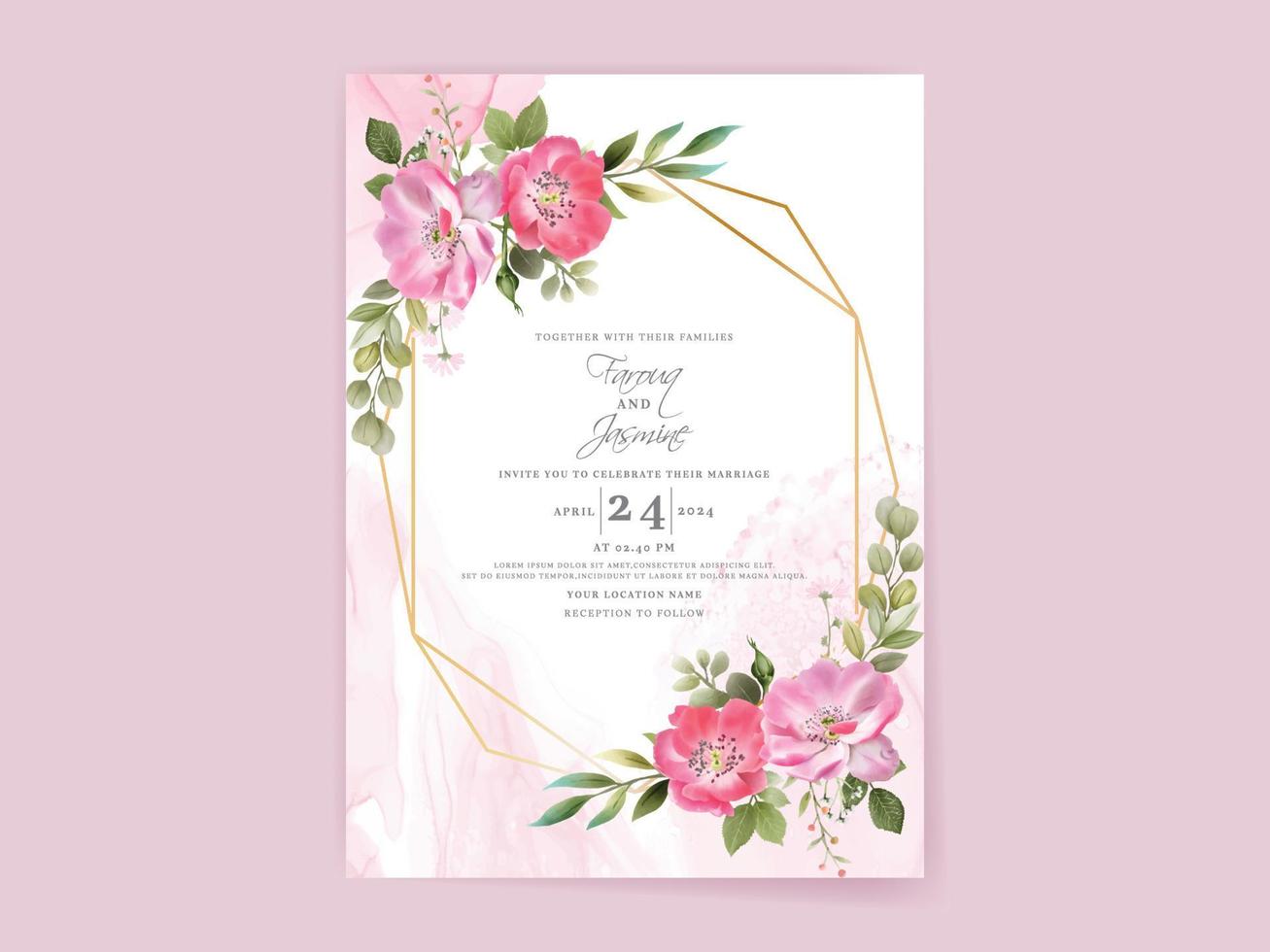 wedding invitation card set with beautiful pink flowers design vector