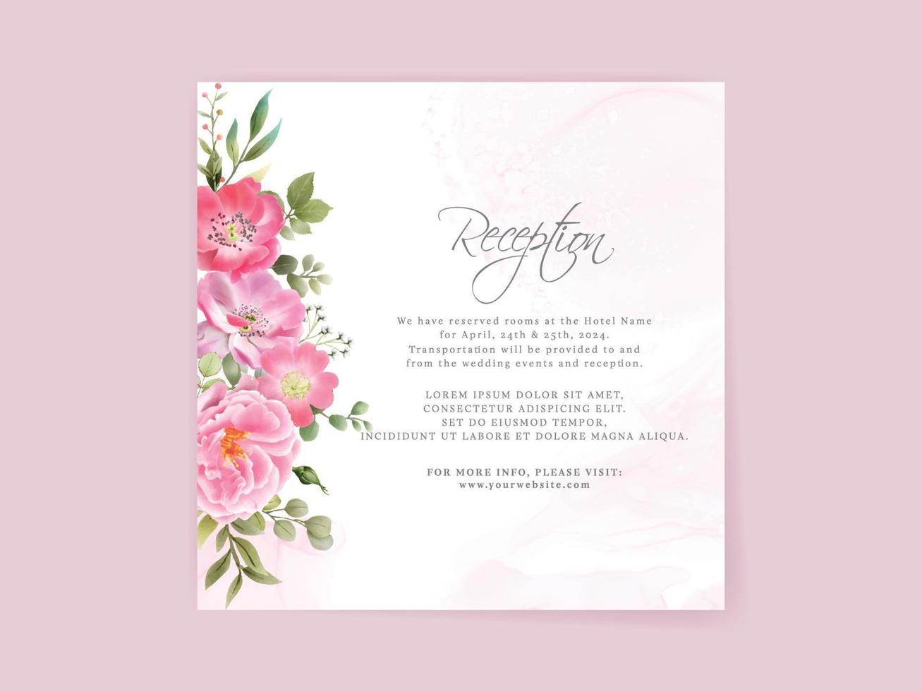 wedding invitation card set with beautiful pink flowers design vector