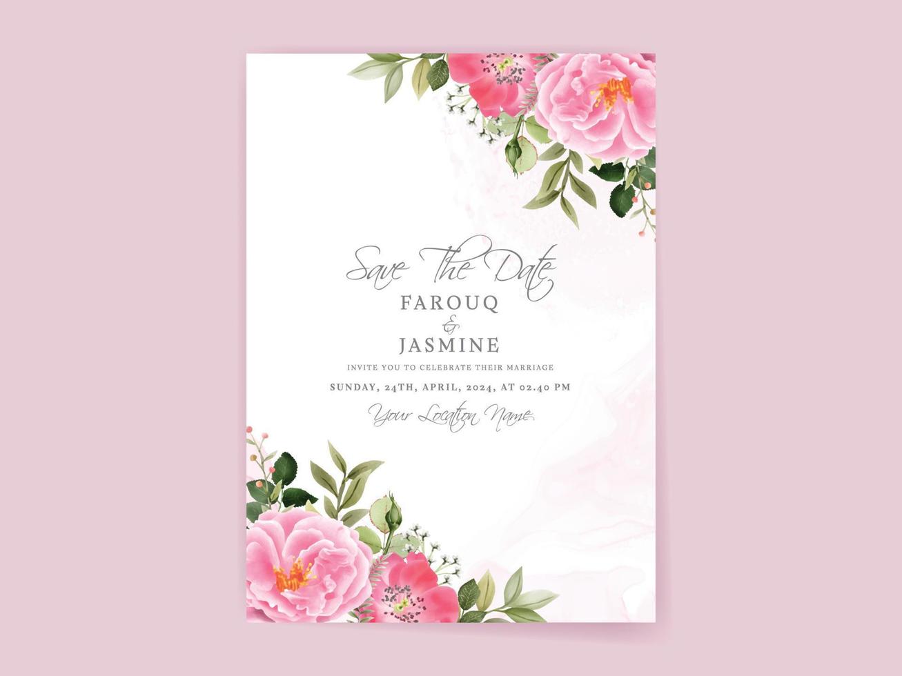 wedding invitation card set with beautiful pink flowers design vector