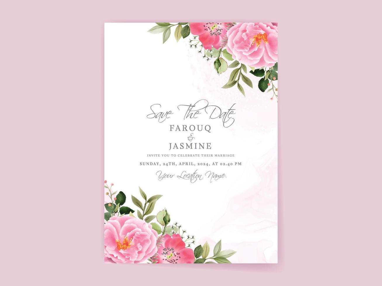 tarjeta de invitación de boda con hermoso diseño de flores rosas vector