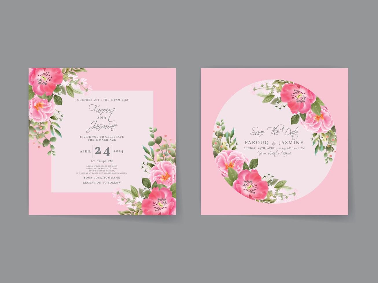 tarjeta de invitación de boda con hermoso diseño de flores rosas vector