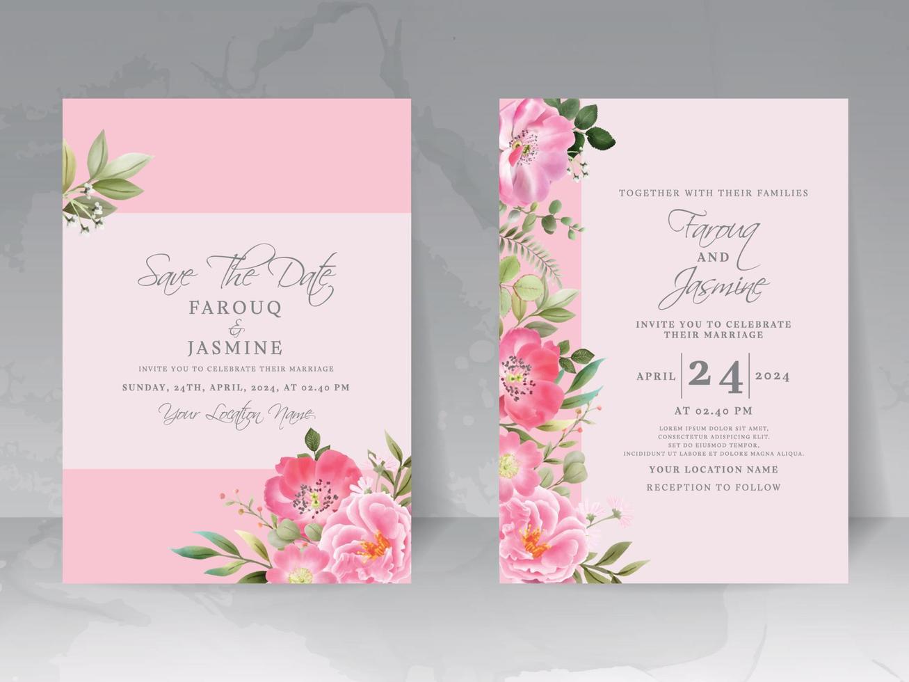 wedding invitation card set with beautiful pink flowers design vector