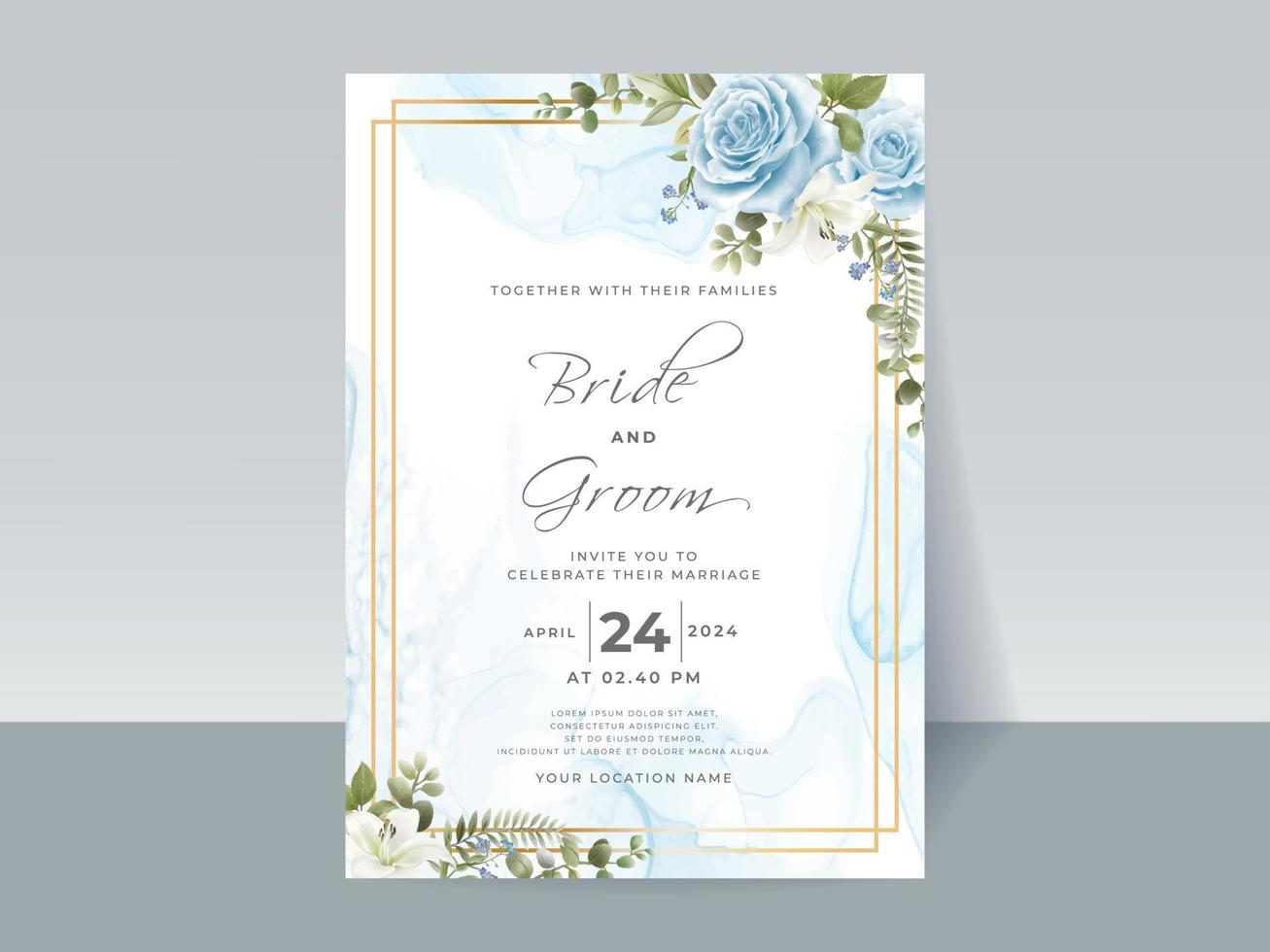 Hand drawing blue roses wedding invitation card vector