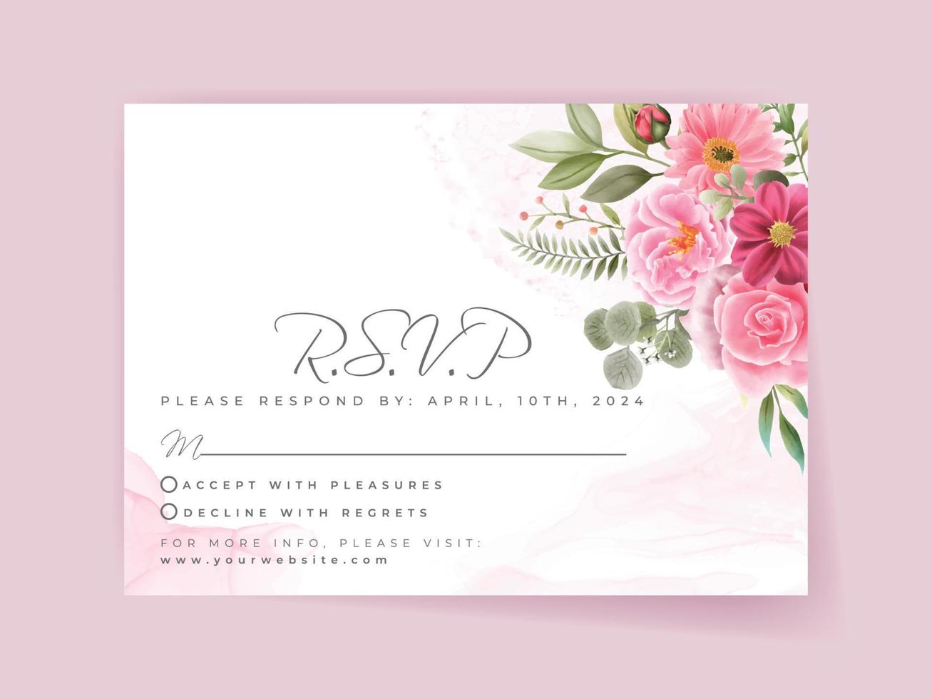 wedding invitation card set with beautiful pink flowers design vector