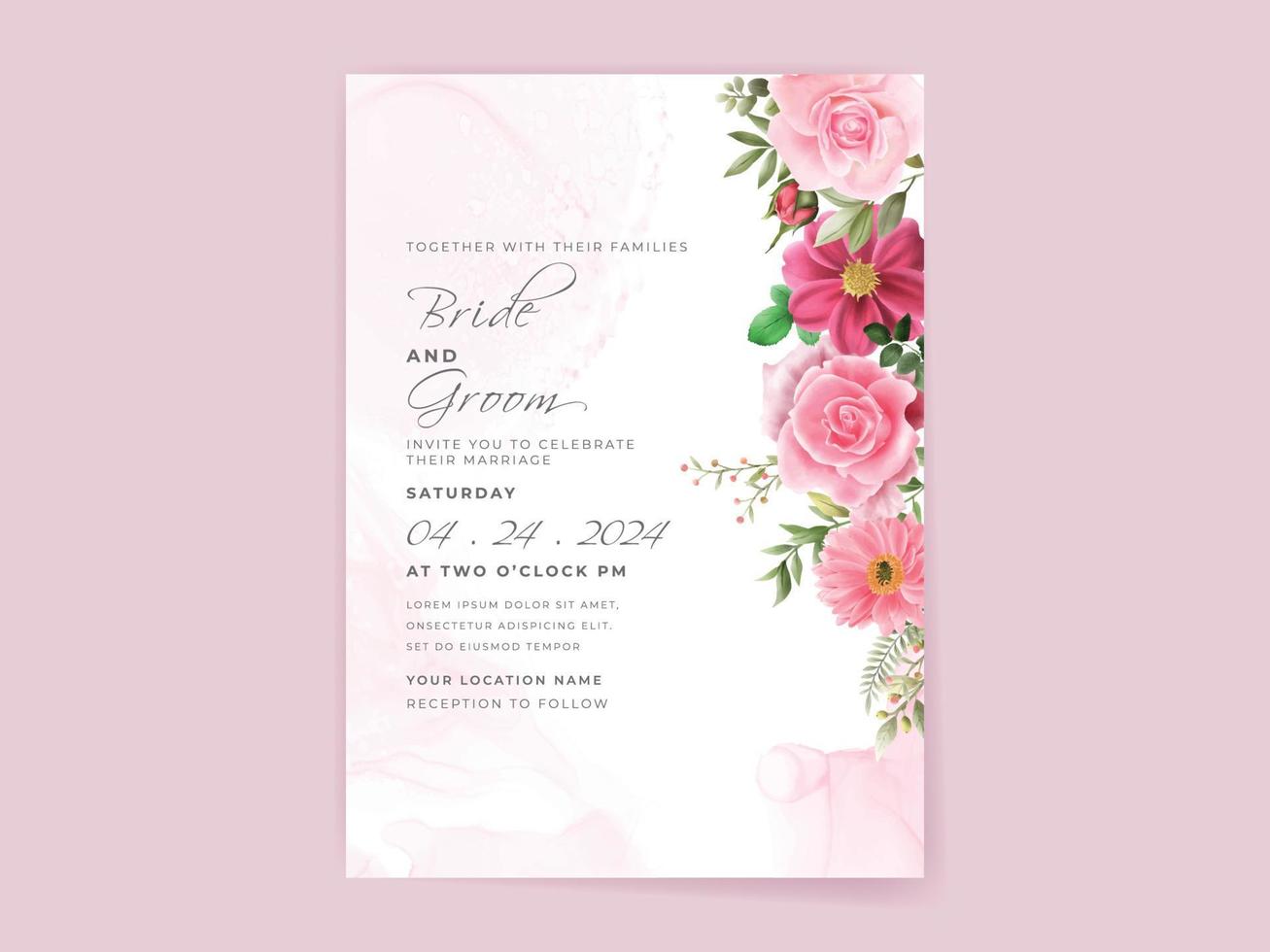 wedding invitation card set with beautiful pink flowers design vector