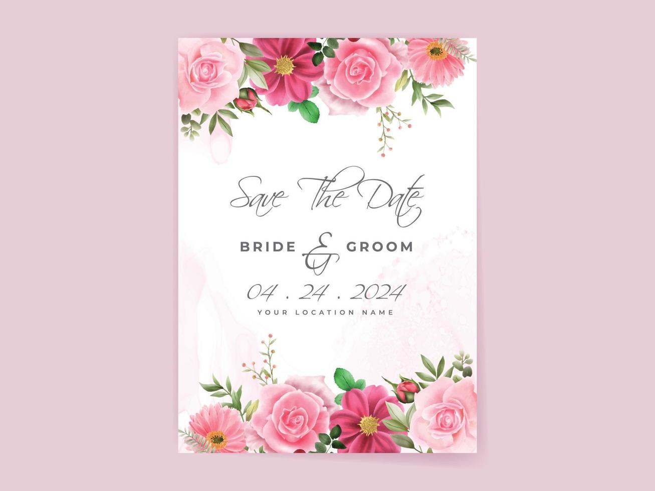 wedding invitation card set with beautiful pink flowers design vector