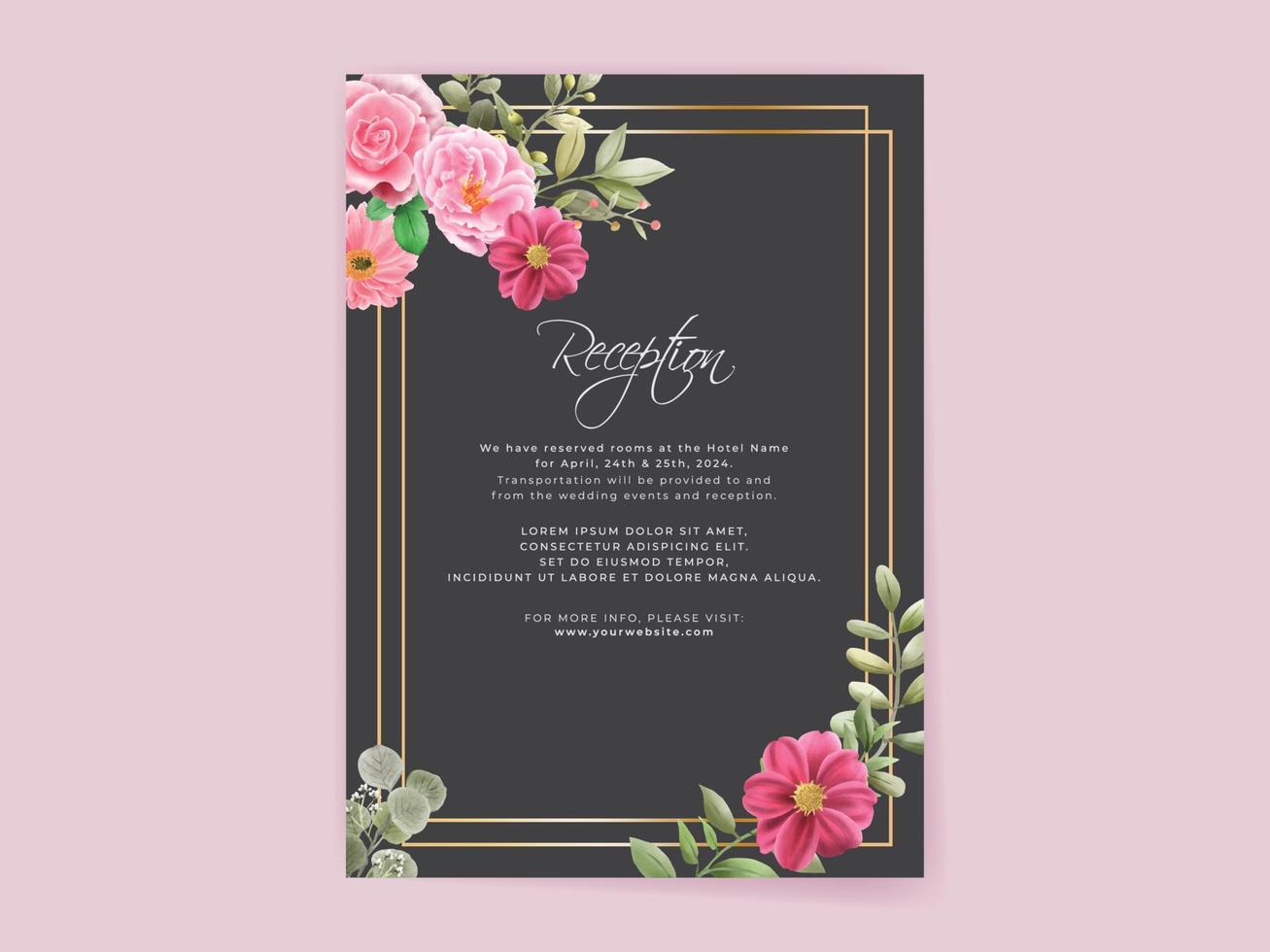 wedding invitation card set with beautiful pink flowers design vector