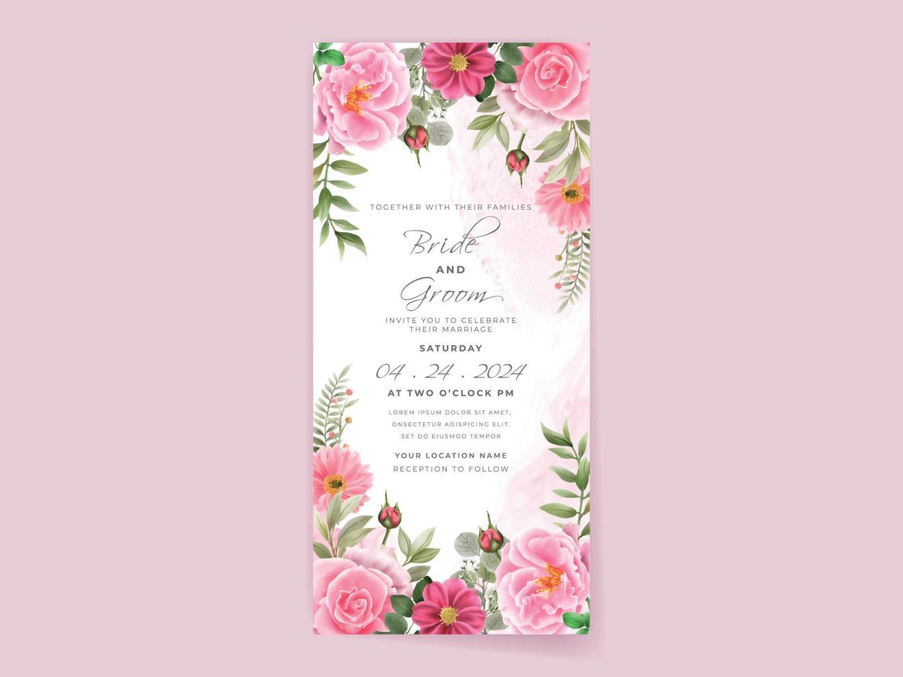 wedding invitation card set with beautiful pink flowers design vector