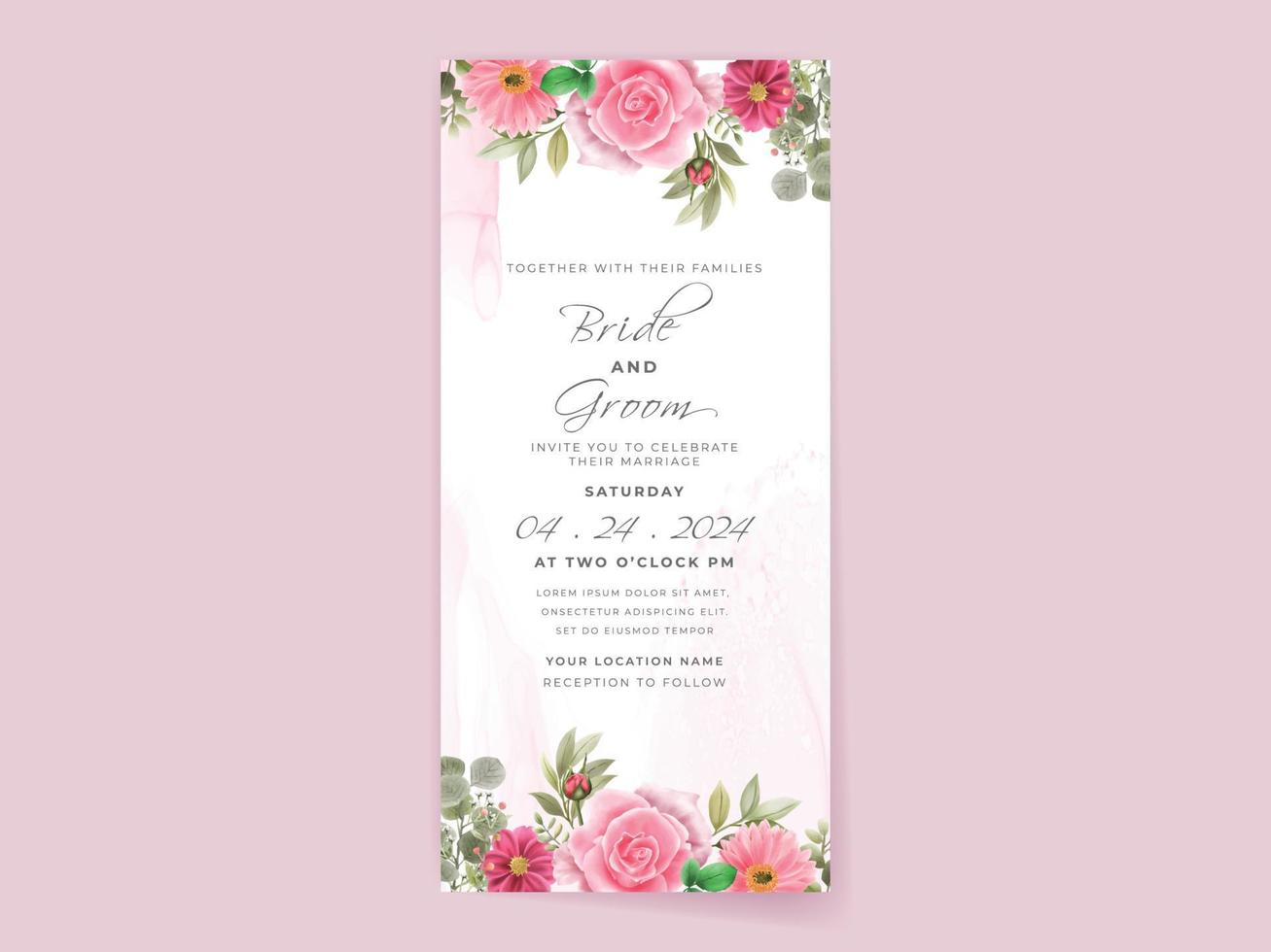 wedding invitation card set with beautiful pink flowers design vector