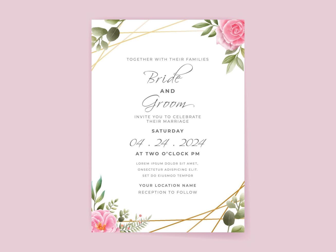 wedding invitation card set with beautiful pink flowers design vector