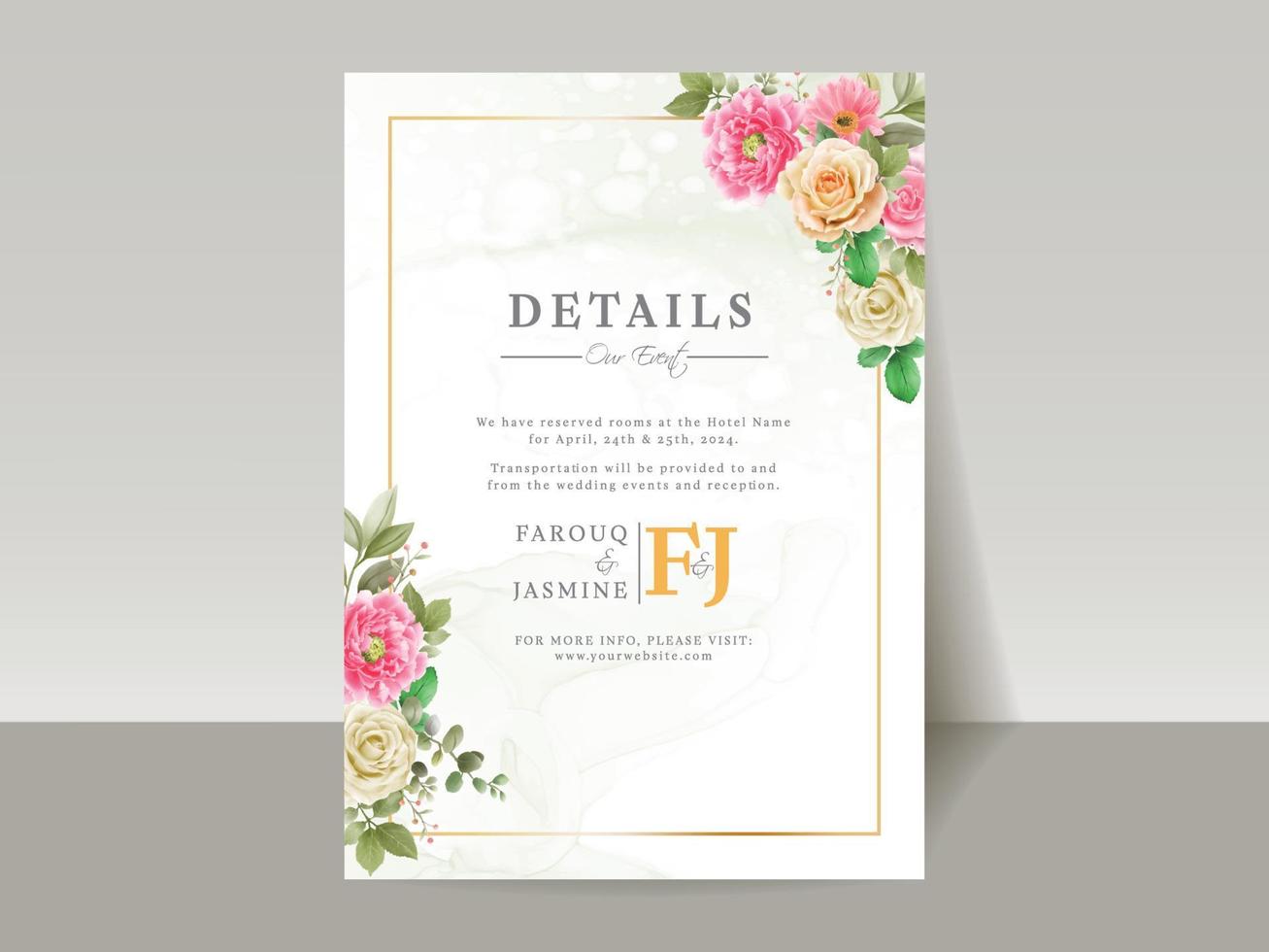 Elegant floral hand drawn wedding invitation card template vector