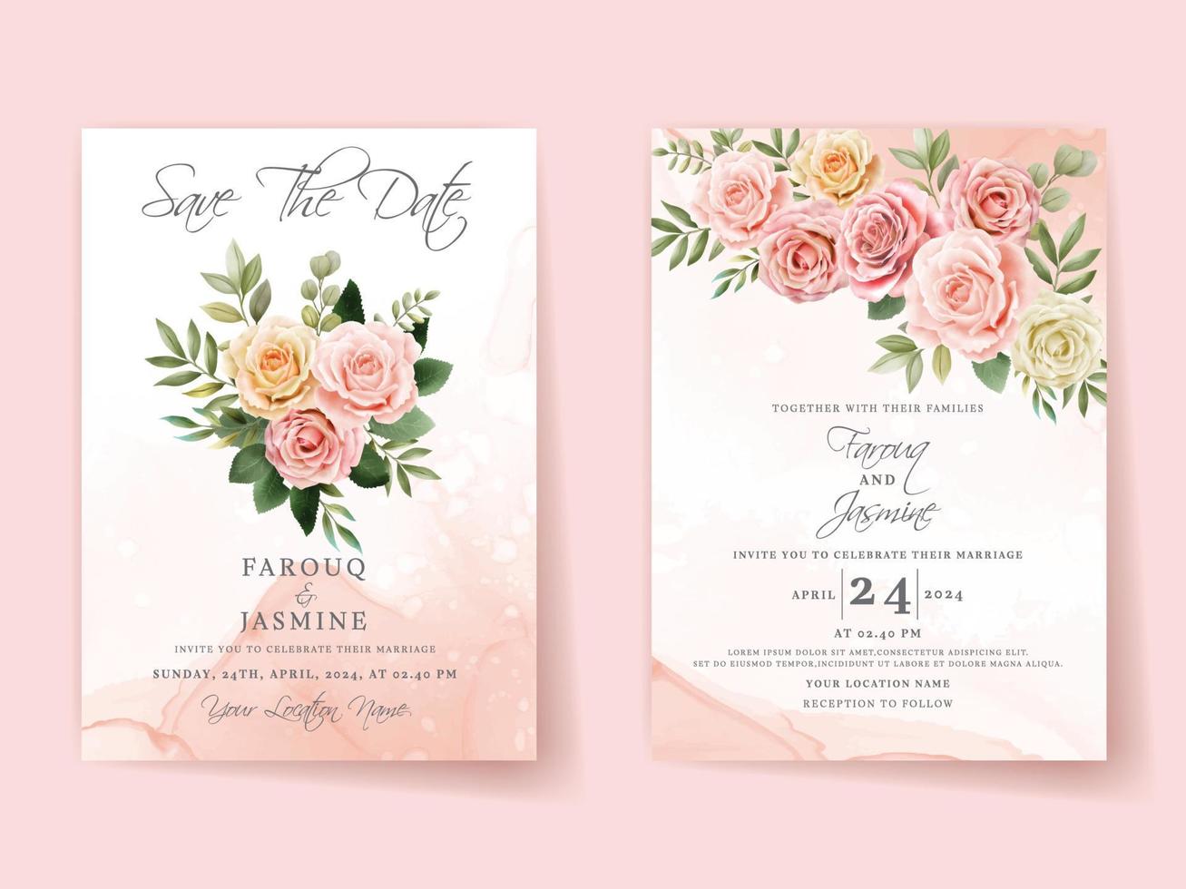 Elegant floral hand drawn wedding invitation card template vector