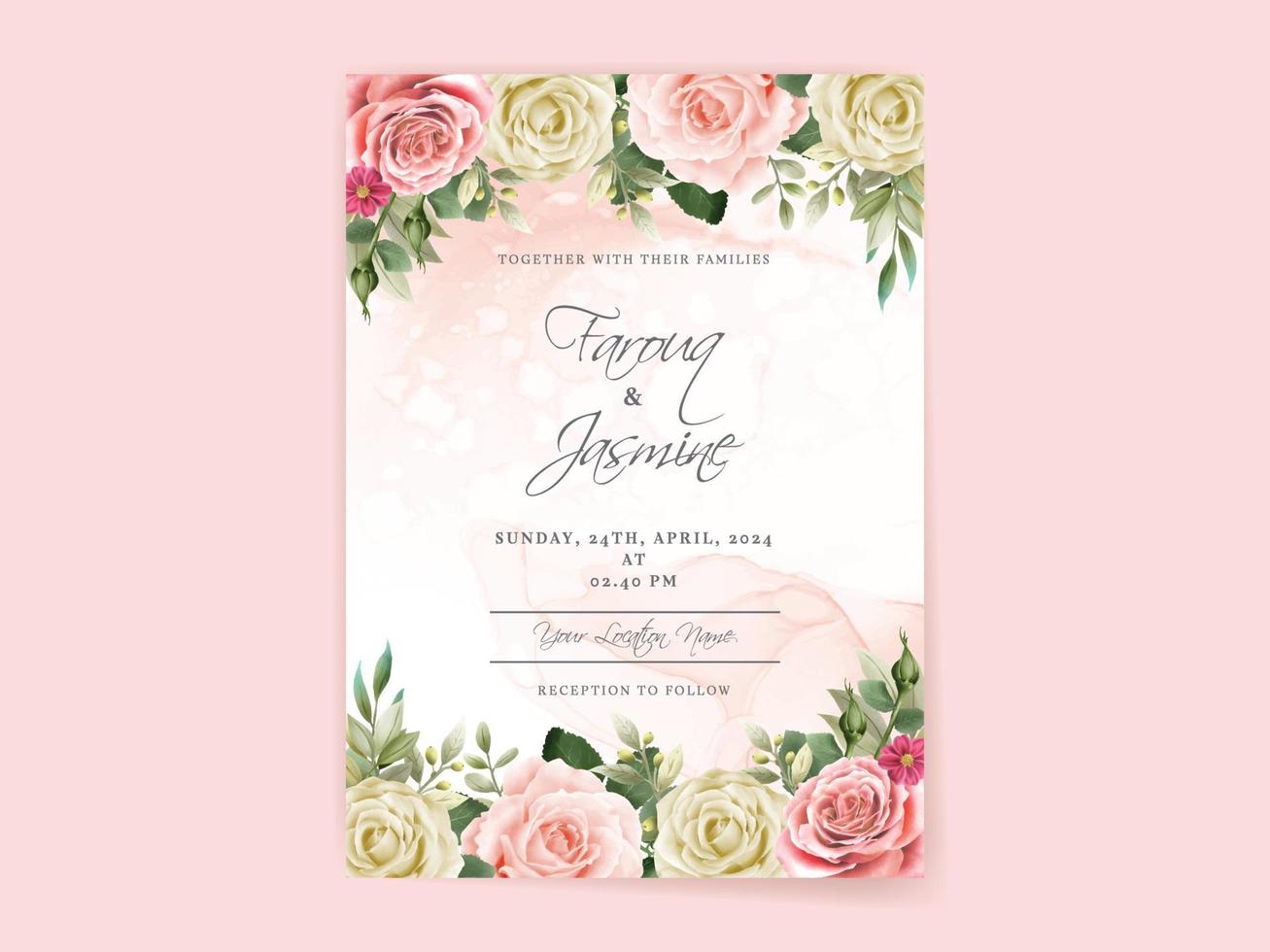 Elegant floral hand drawn wedding invitation card template vector