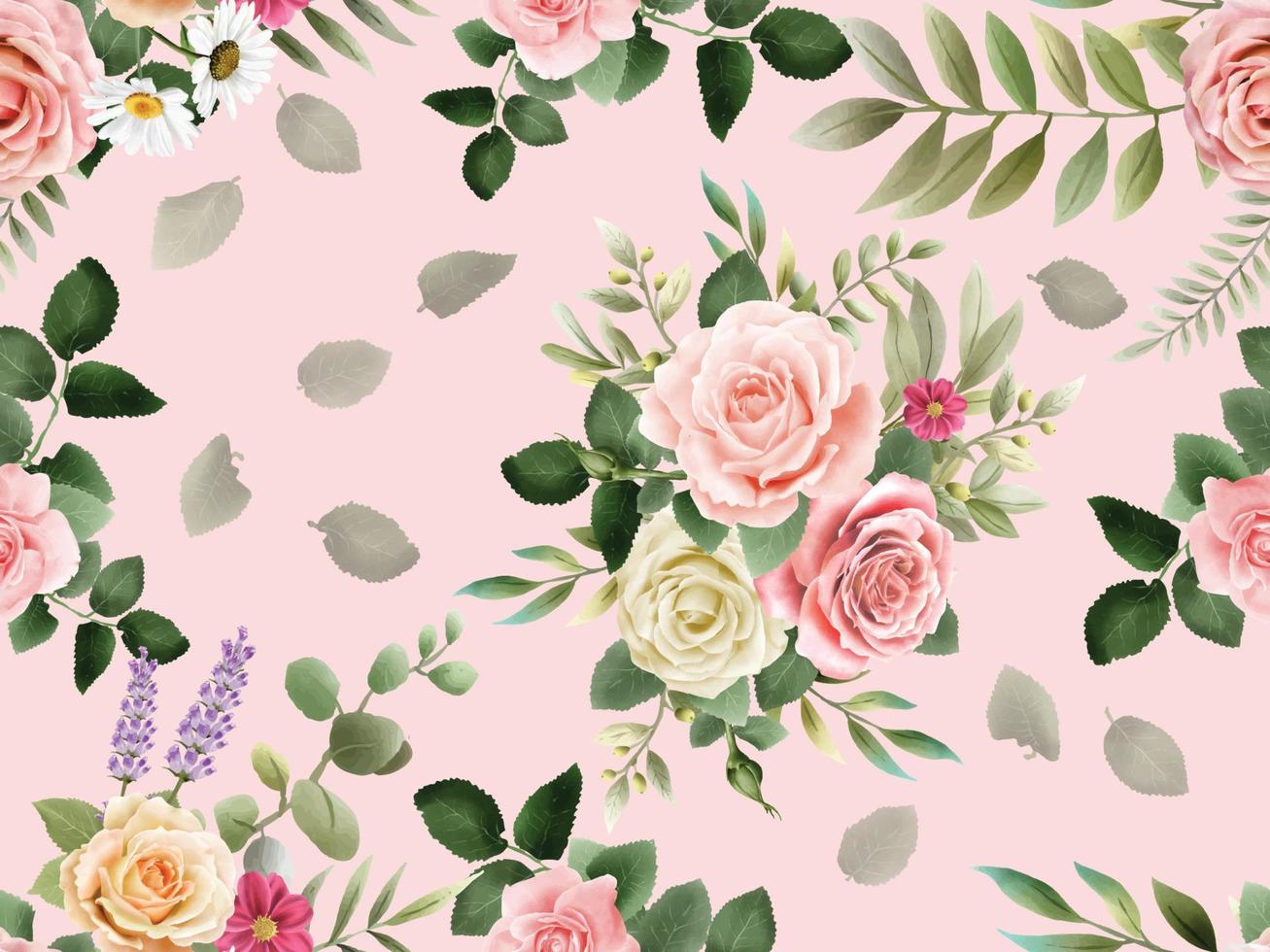 Elegant flowers and leaves watercolor seamless pattern vector