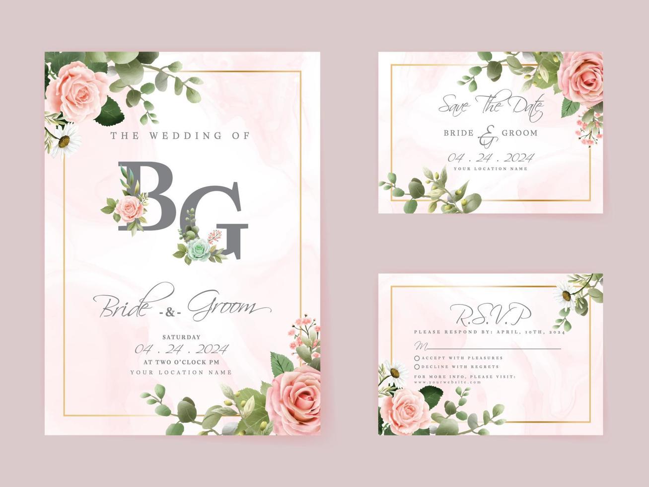 Elegant floral hand drawn wedding invitation card template vector