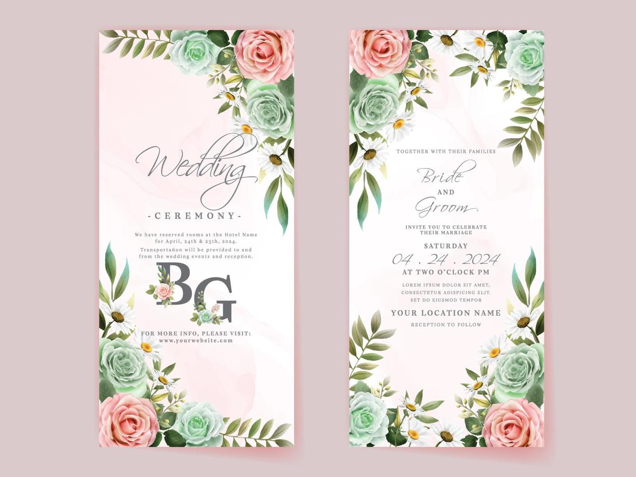 Elegant floral hand drawn wedding invitation card template vector