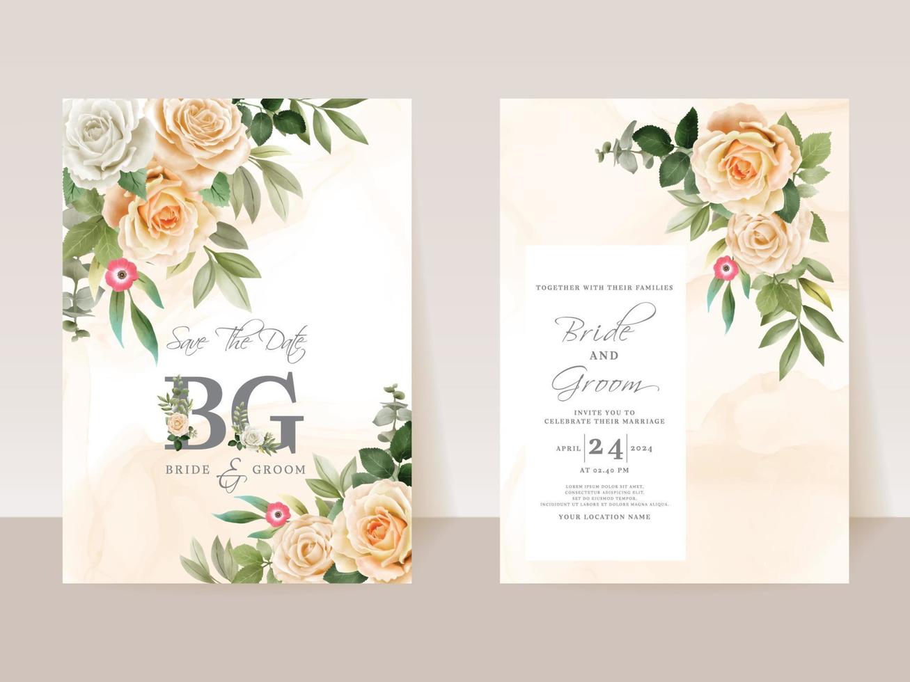 Elegant floral hand drawn wedding invitation card template vector