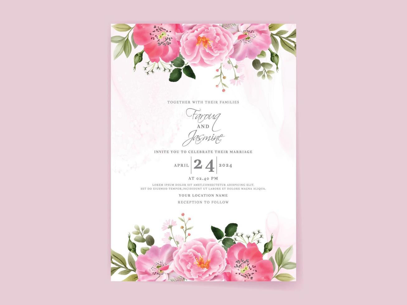 tarjeta de invitación de boda con hermoso diseño de flores rosas vector