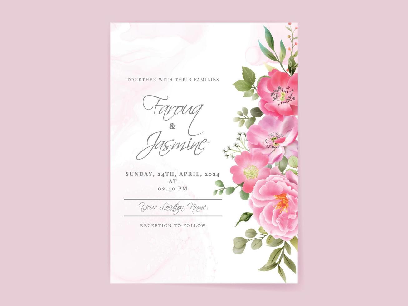 wedding invitation card set with beautiful pink flowers design vector