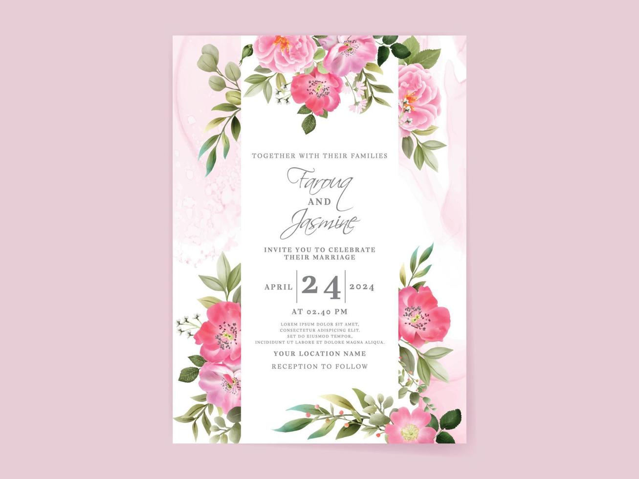 wedding invitation card set with beautiful pink flowers design vector