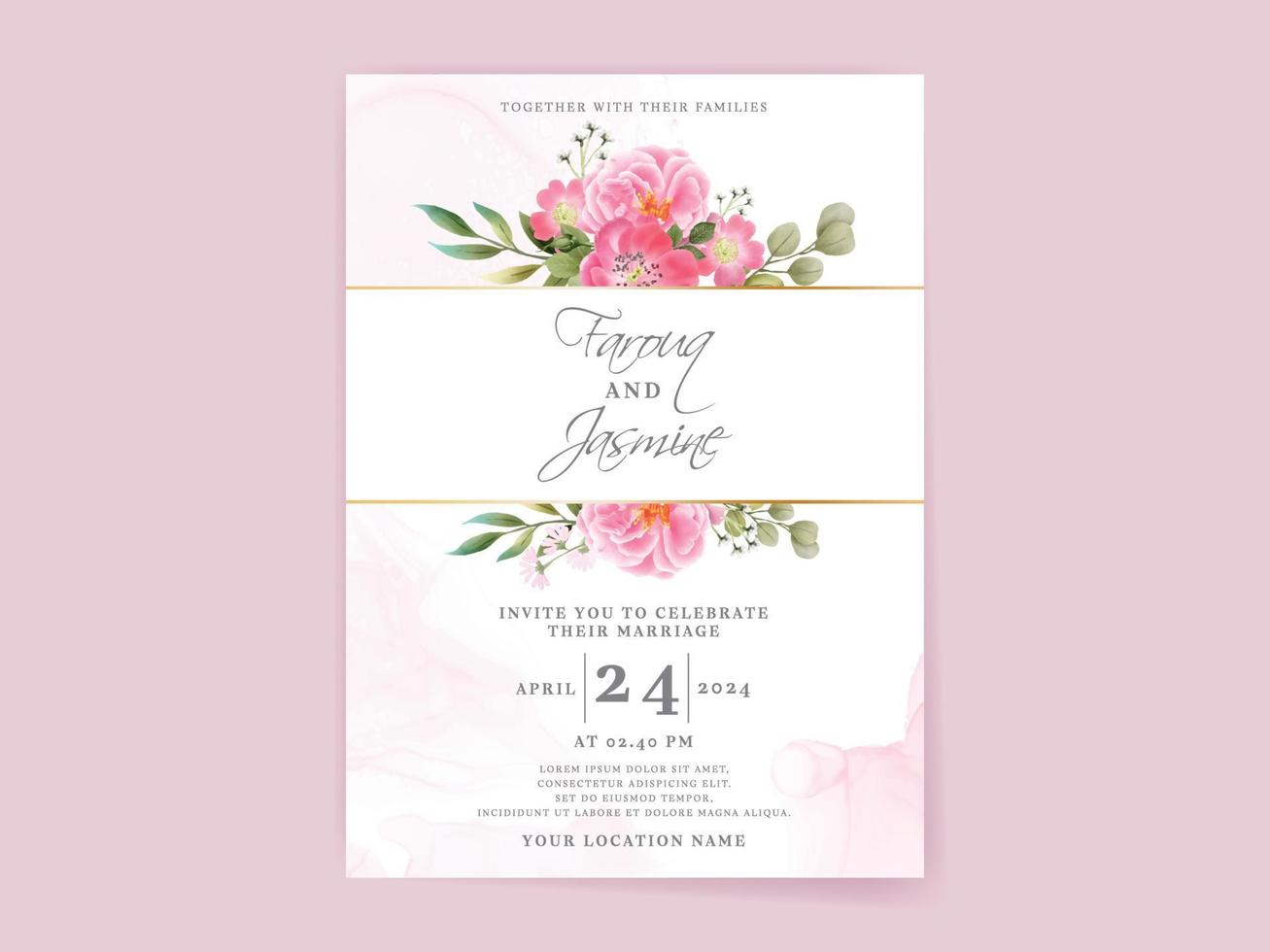 wedding invitation card set with beautiful pink flowers design vector