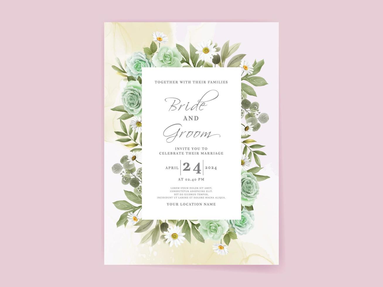 Hand drawn greenery roses wedding invitation card vector