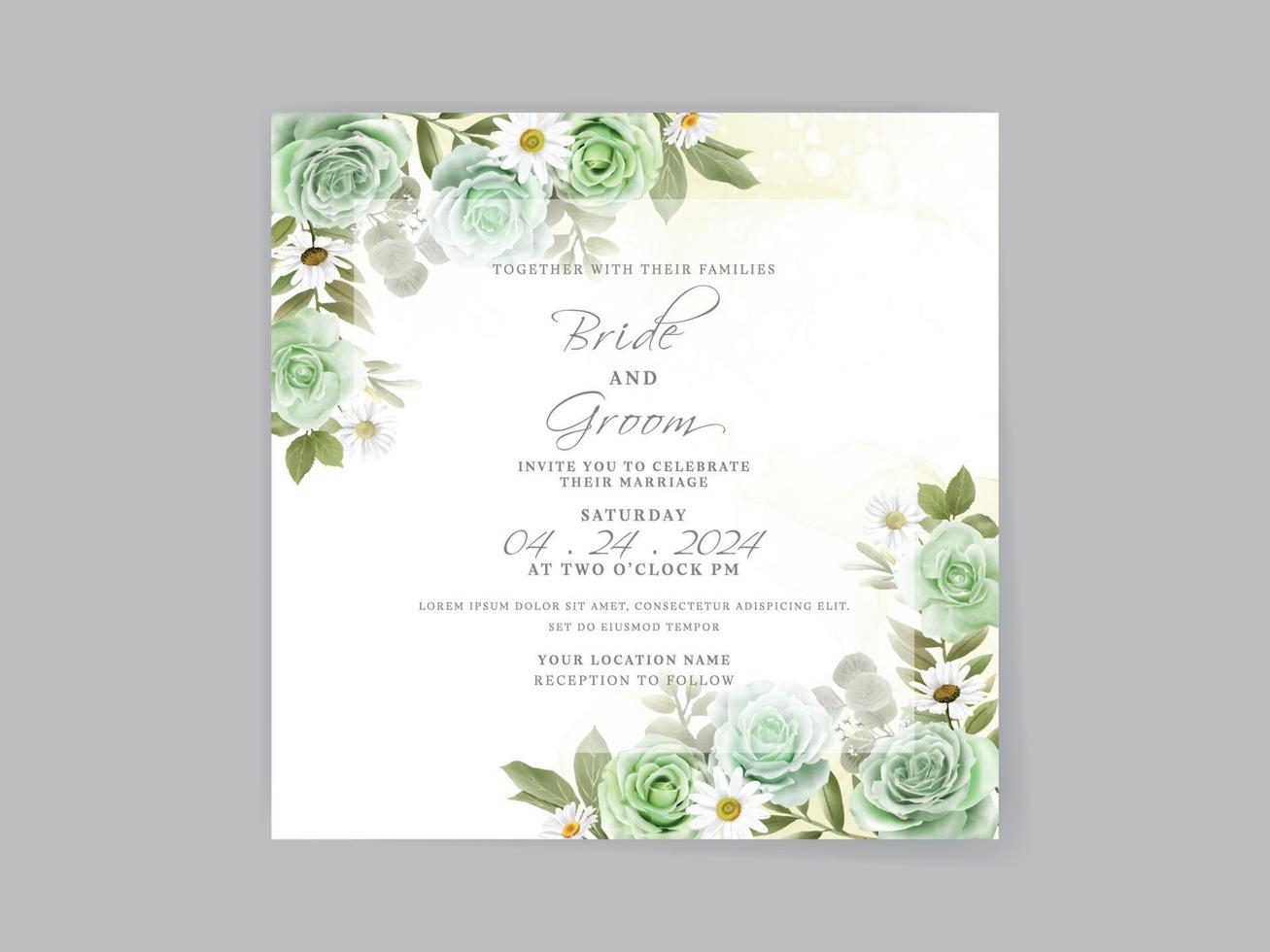 tarjeta de invitación de boda de rosas verdes dibujadas a mano vector