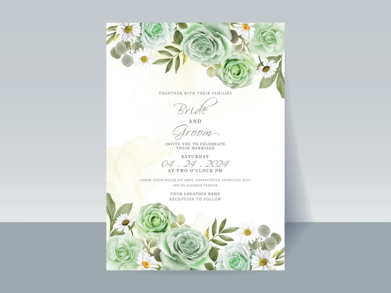 Hand drawn greenery roses wedding invitation card vector