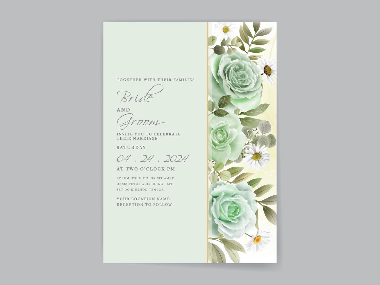 tarjeta de invitación de boda de rosas verdes dibujadas a mano vector