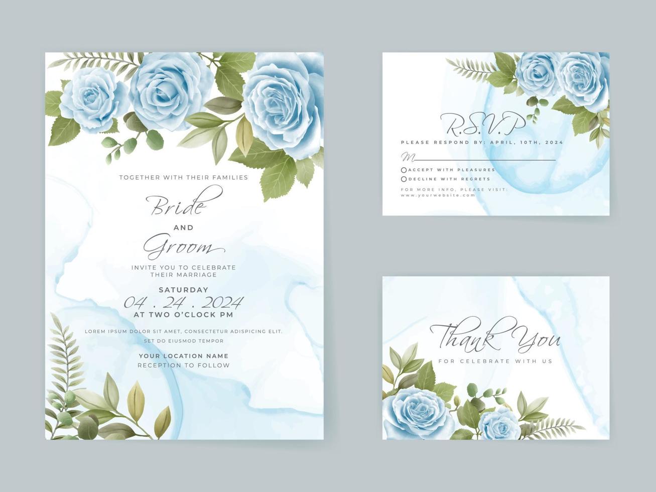 tarjeta de invitación de boda de rosas azules de dibujo a mano alzada vector