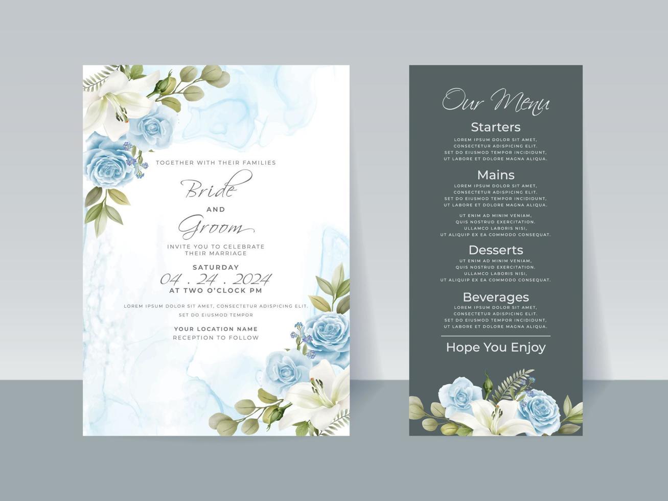 tarjeta de invitación de boda de rosas azules de dibujo a mano alzada vector