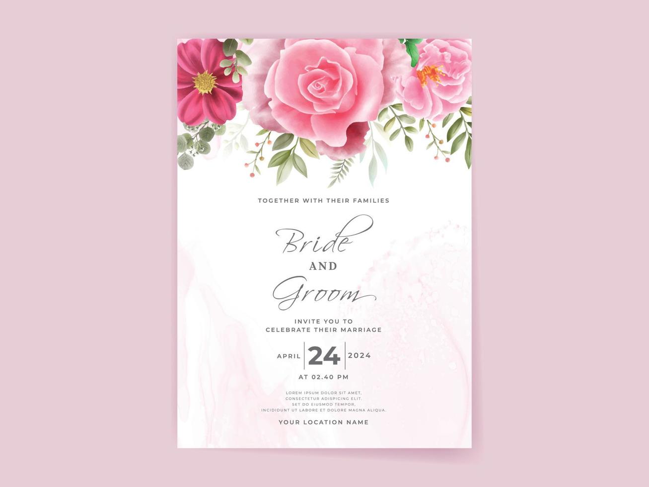 wedding invitation card set with beautiful pink flowers design vector