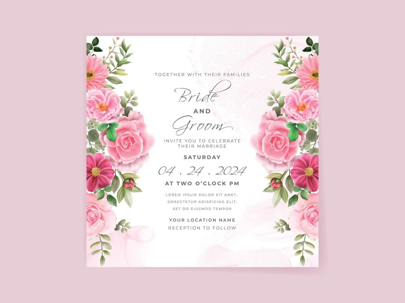 wedding invitation card set with beautiful pink flowers design vector