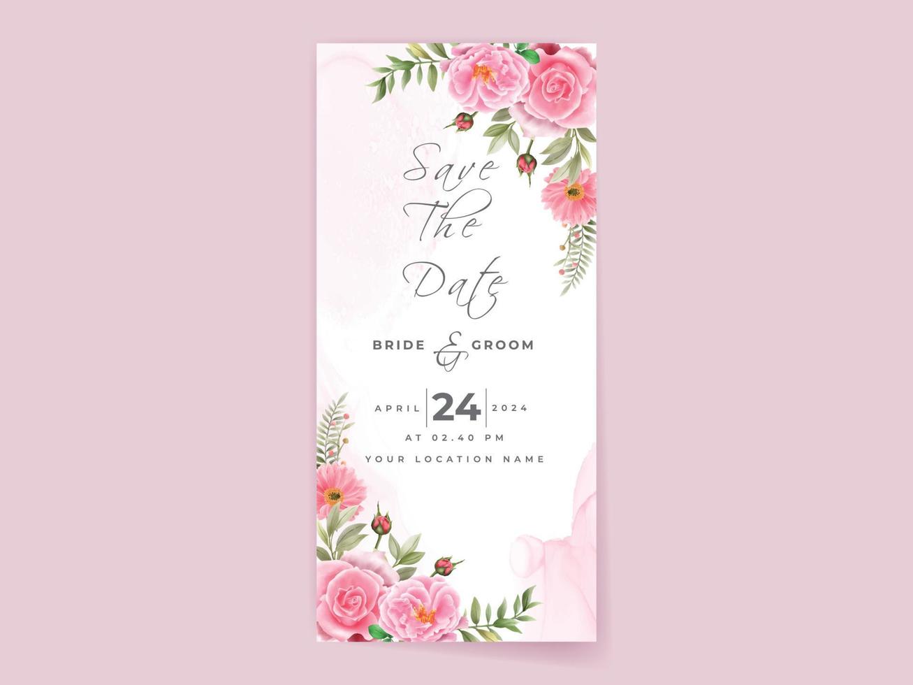 wedding invitation card set with beautiful pink flowers design vector