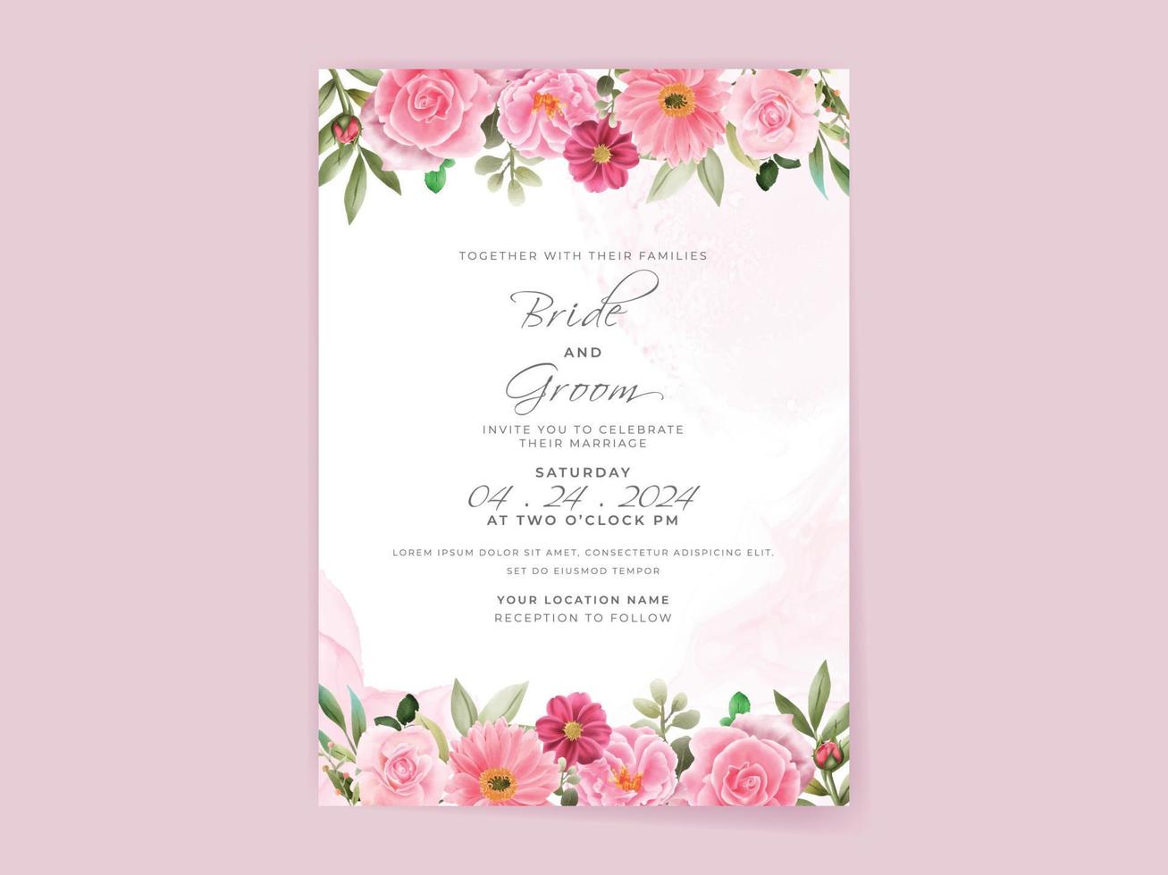 wedding invitation card set with beautiful pink flowers design vector