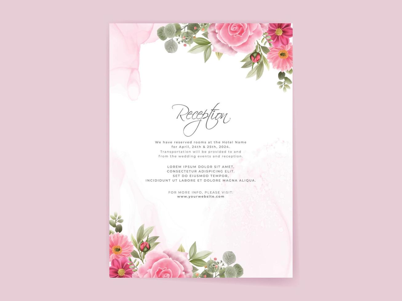 wedding invitation card set with beautiful pink flowers design vector