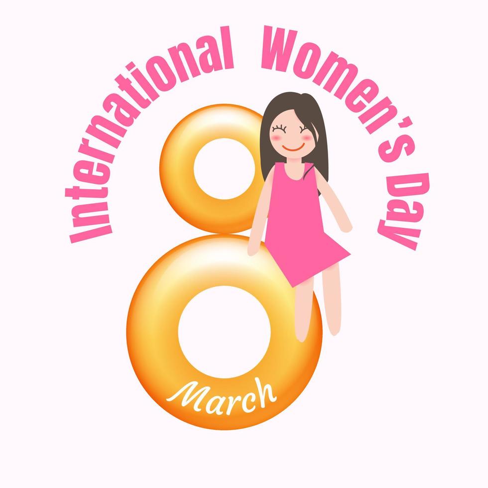 8 March international women's day card. woman sit on number shaped as big eight in the air. Vector illustration
