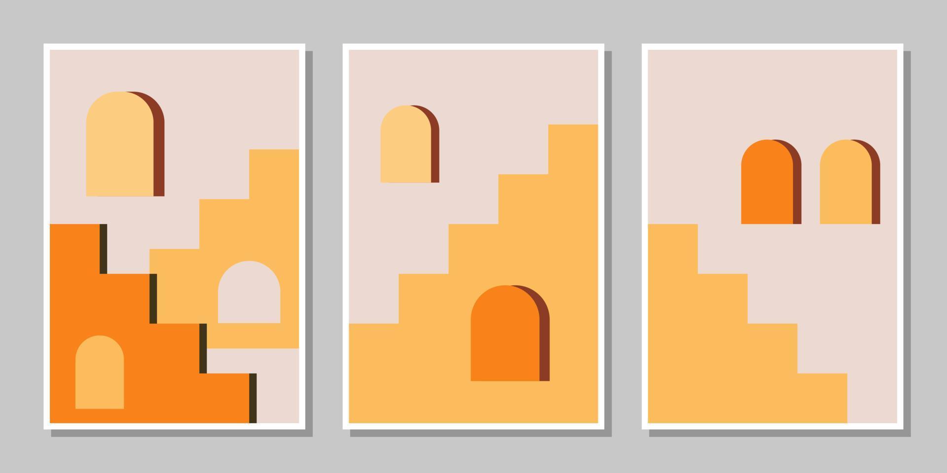 Set of three abstract stair posters mid century architecture boho art print wall decor vector