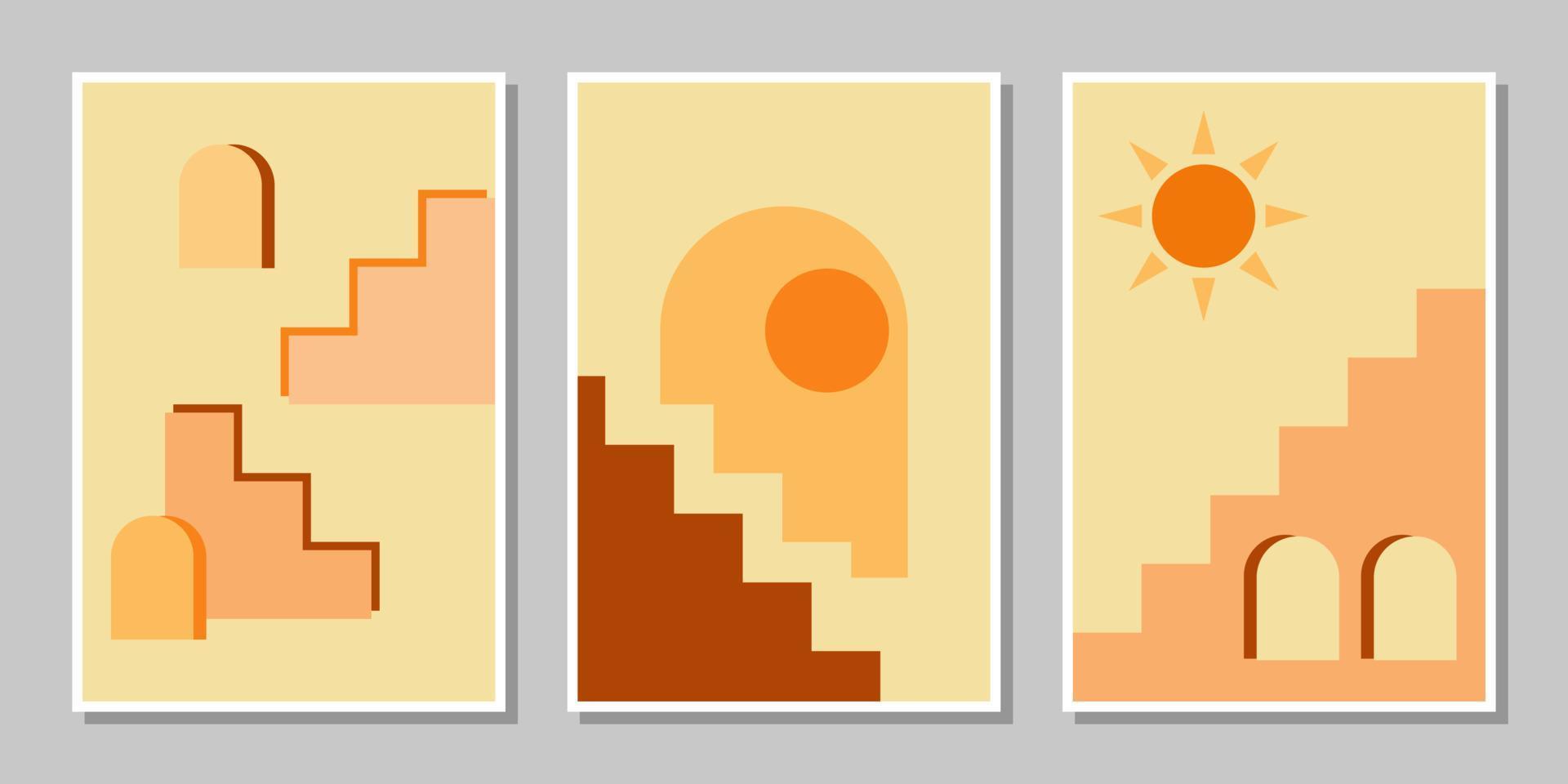 Set of three abstract stair posters mid century architecture boho art print wall decor vector